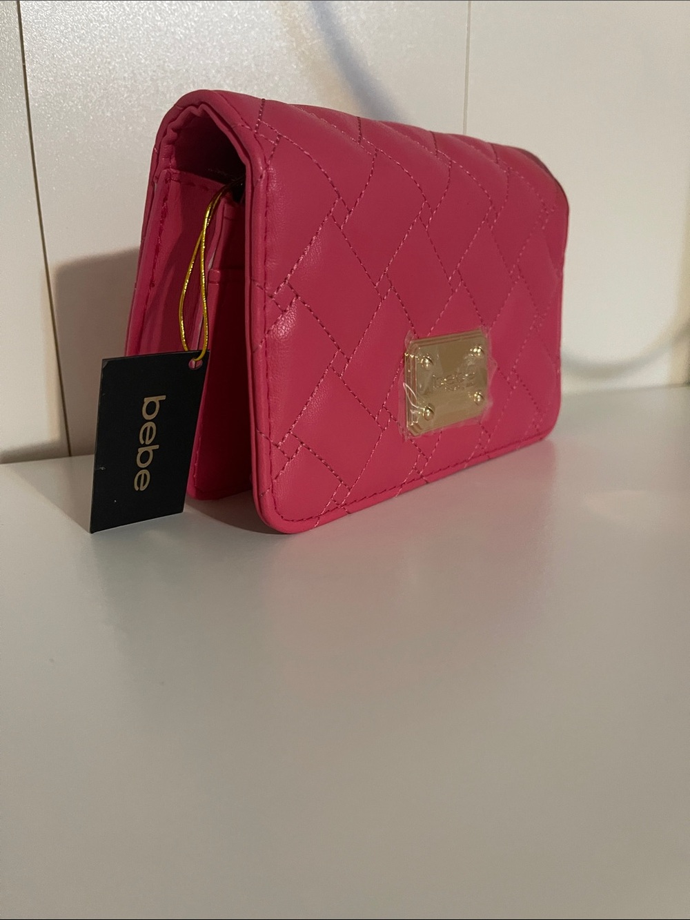 bebe Quilted Hot Pink Mini Crossbody with Gold Plaque